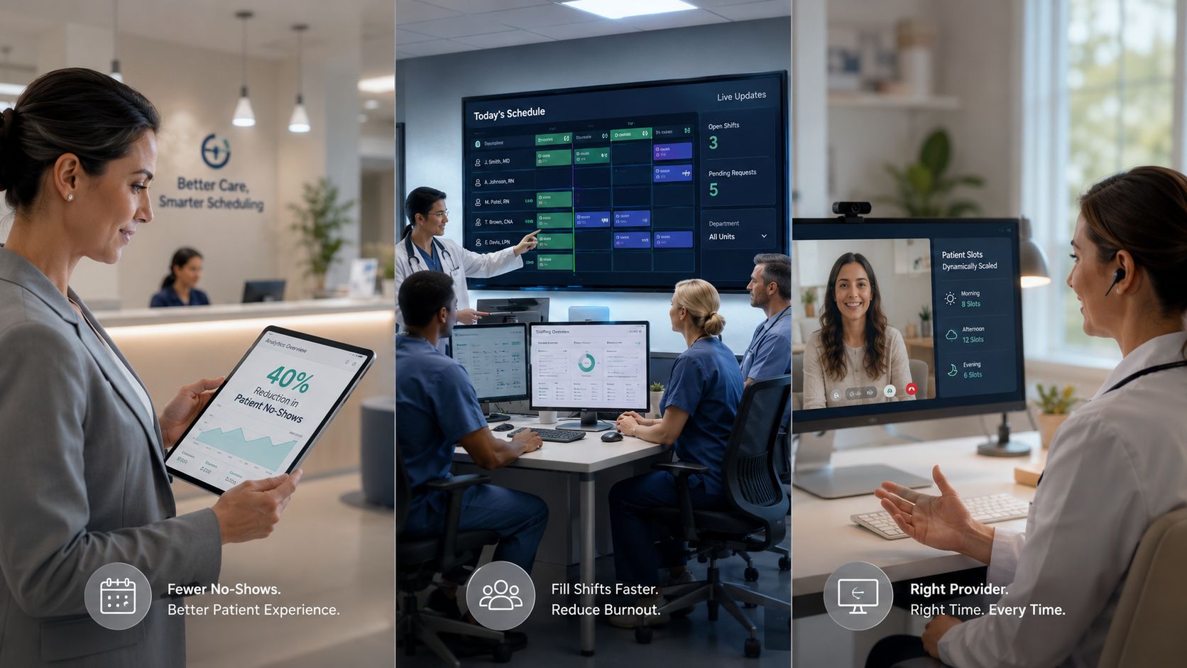 Three panels showing healthcare professionals using intelligent software to optimize patient appointments, shift scheduling, and virtual care.