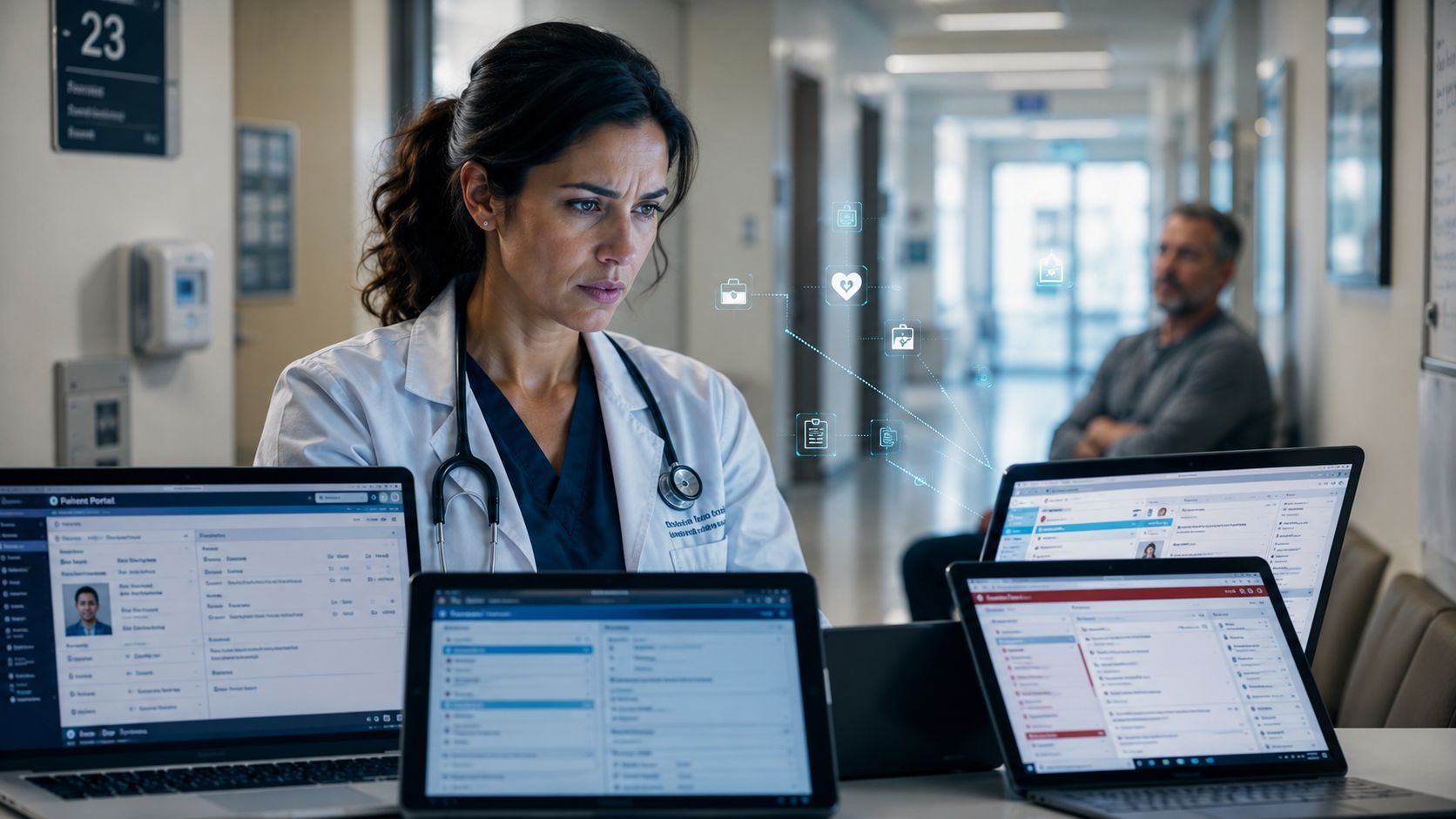 A female doctor reviewing patient data on multiple digital devices in a modern hospital hallway.