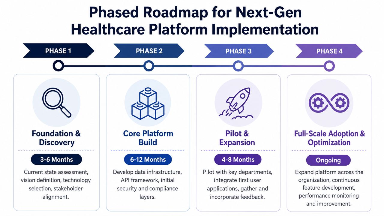 A phased roadmap infographic for next-generation healthcare platform implementation featuring four distinct development stages.