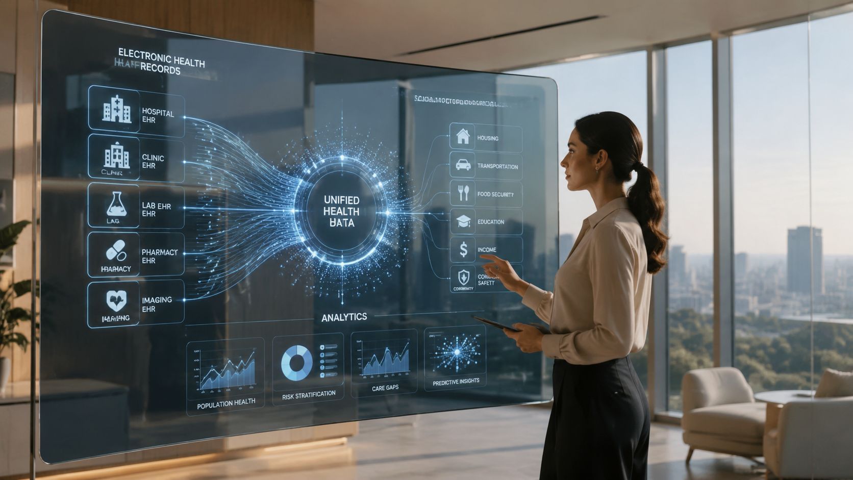 A professional woman interacting with a futuristic digital interface visualizing unified health data and population health analytics.
