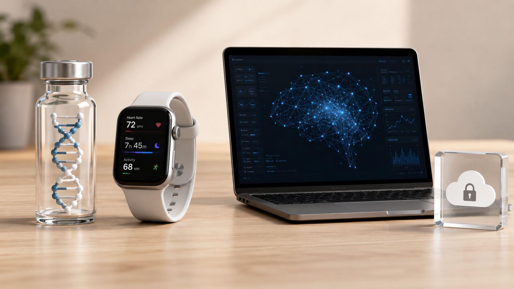 A modern desk featuring a DNA vial, a fitness smartwatch, a laptop displaying AI, and cloud security icon.