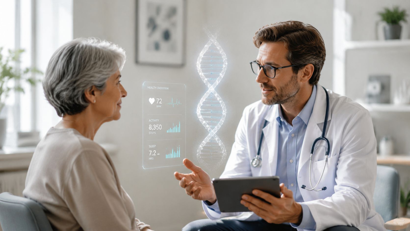 A doctor uses futuristic hologram technology to explain DNA results to an elderly female patient during consultation.