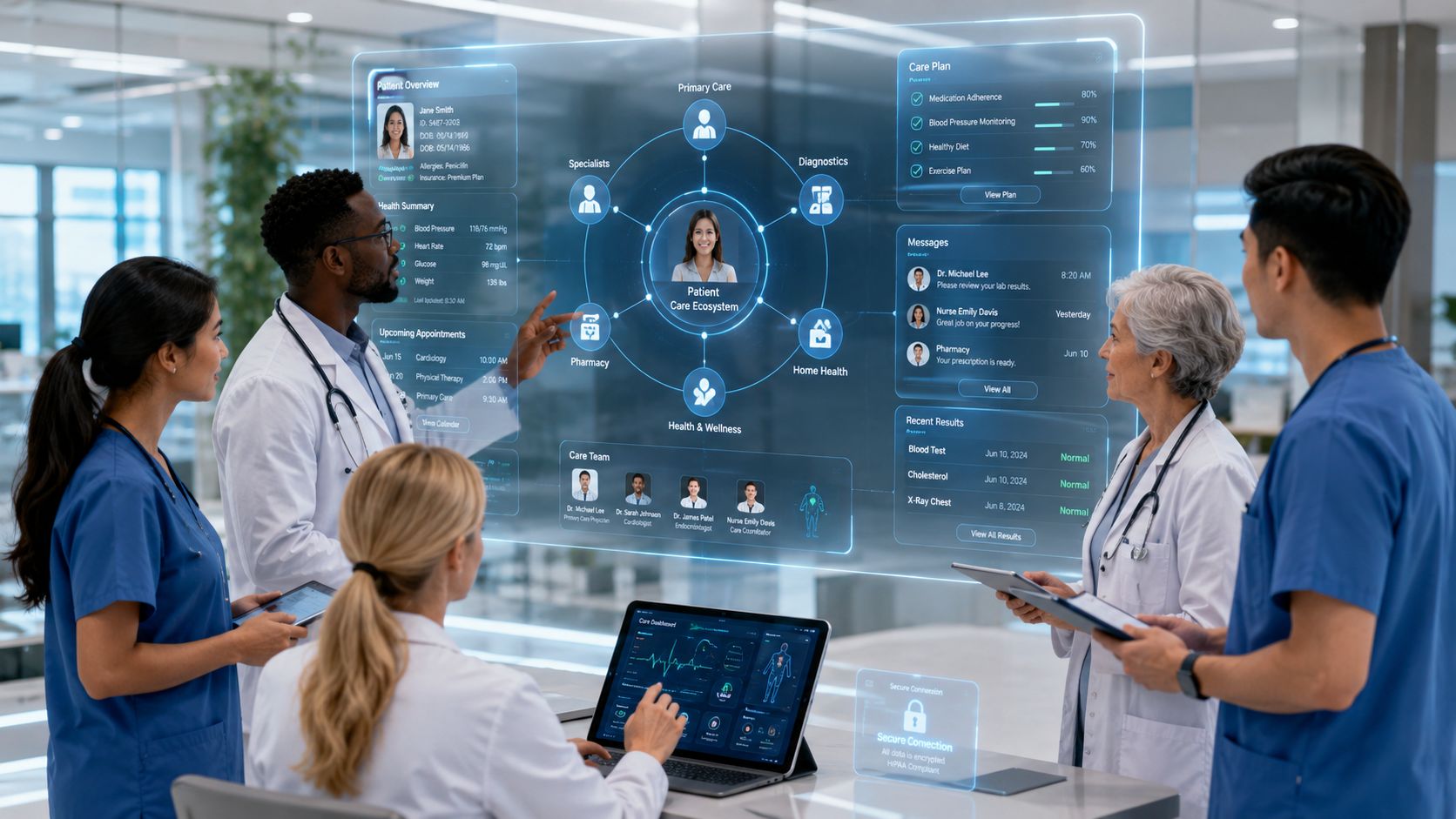 A diverse team of medical professionals reviewing a digital patient care dashboard in a modern office setting.
