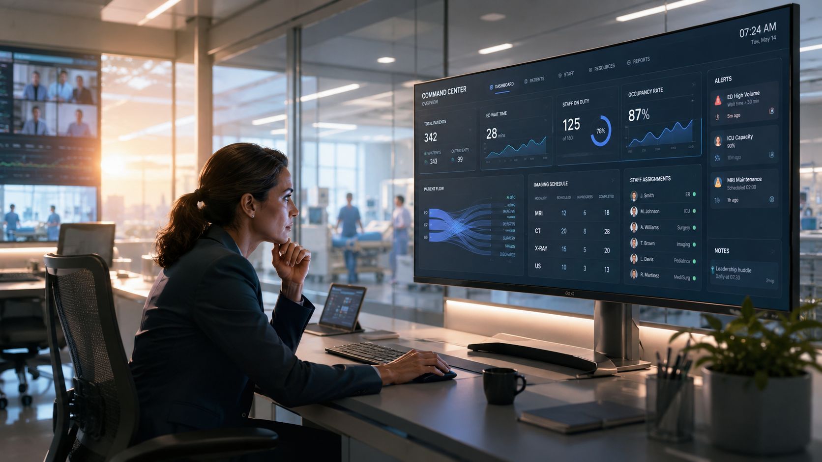 A professional healthcare manager monitoring AI-driven data dashboards in a modern hospital command center office.