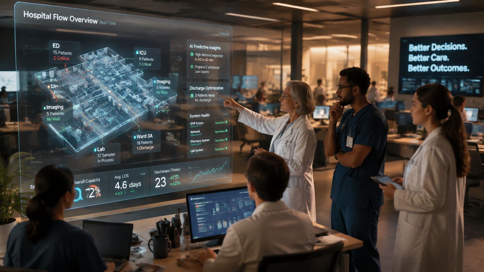 Medical staff reviewing a holographic dashboard displaying real-time patient data and hospital operational analytics in a modern facility.