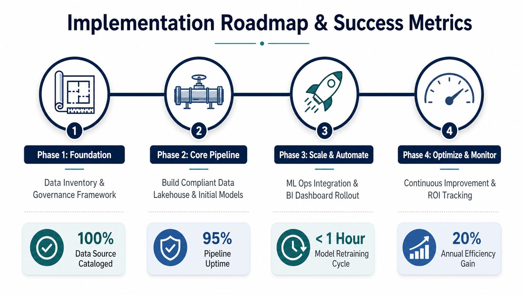 A four-phase implementation roadmap for healthcare analytics engineering, detailing stages from data foundation to optimization.