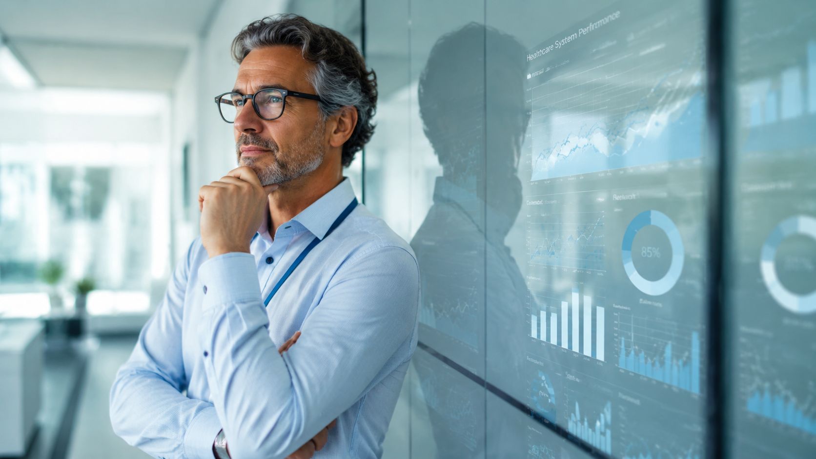 A professional man with glasses standing next to a glass wall displaying digital healthcare performance data charts.