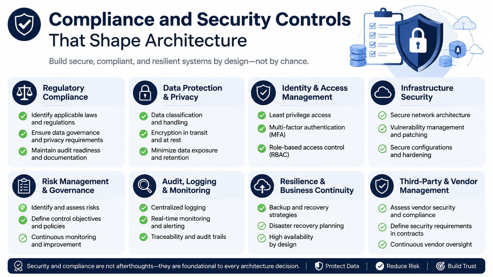 An infographic illustrating key compliance and security controls essential for building robust and resilient cloud architecture.
