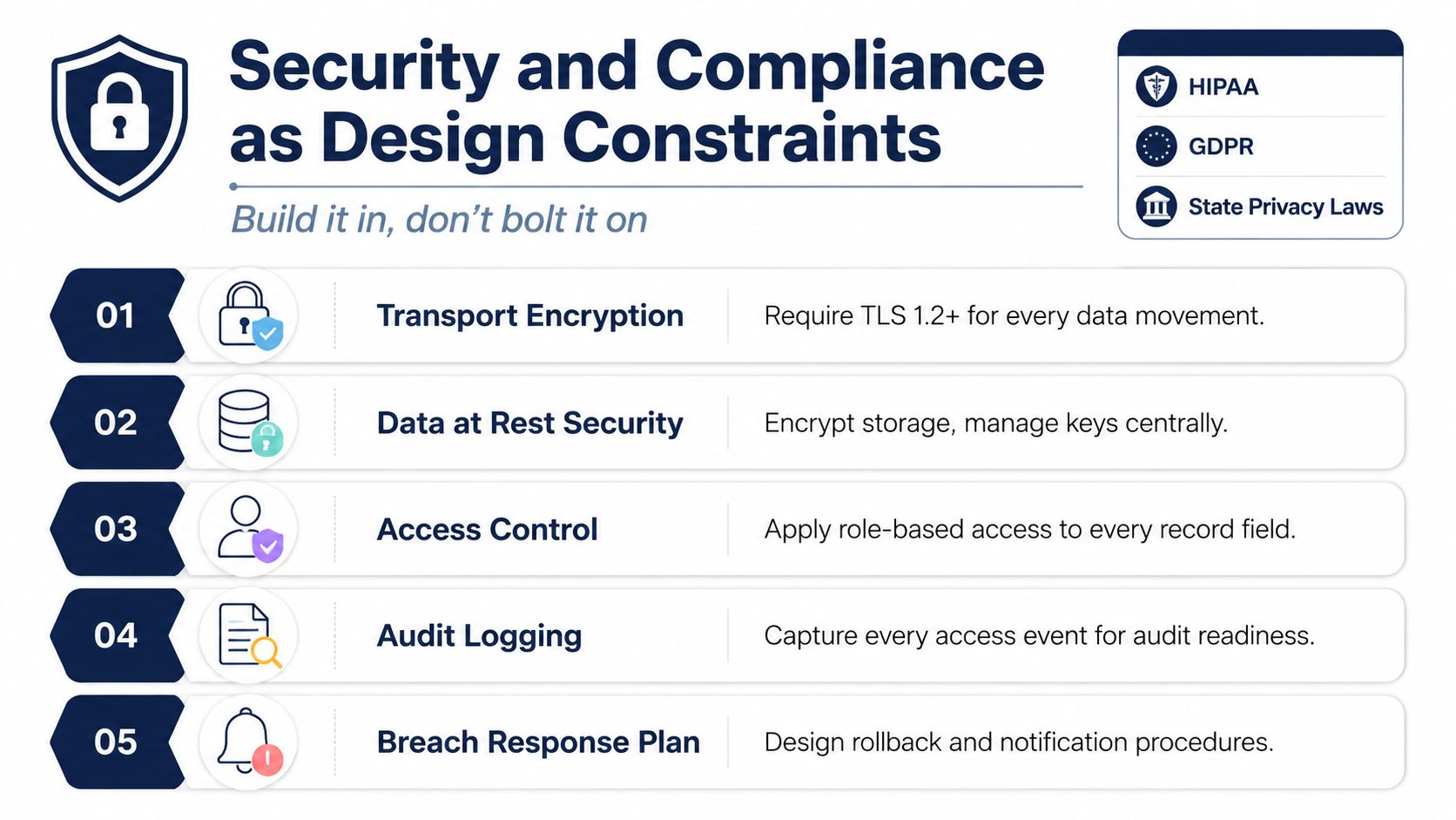 A diagram outlining five key pillars for incorporating security and compliance into software design projects.