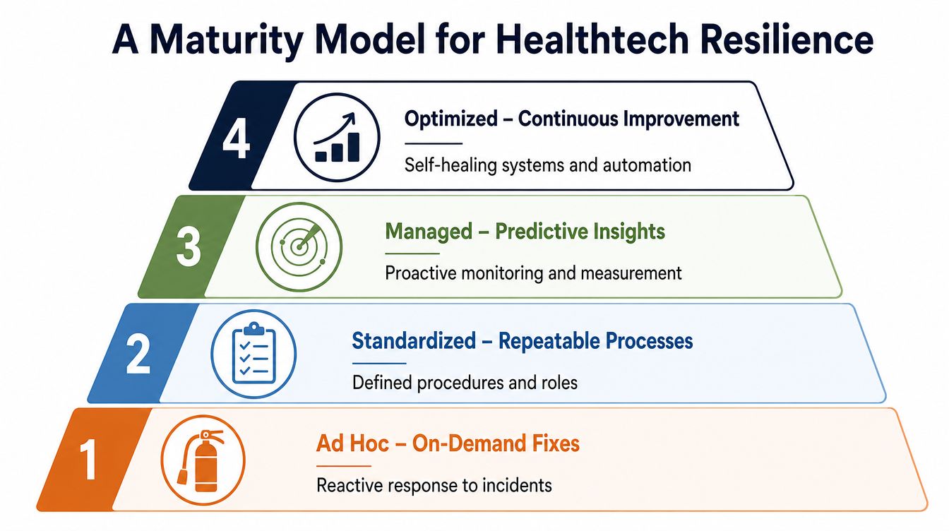 A pyramid chart illustrating a four-stage maturity model for healthtech resilience from ad hoc to optimized.