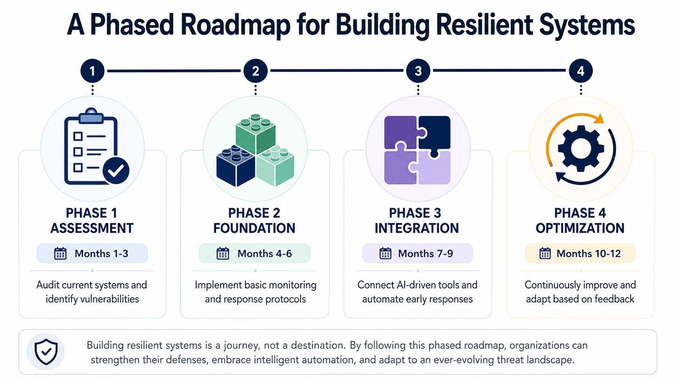 A four-phase strategic roadmap for building resilient digital systems over a twelve-month organizational timeline.