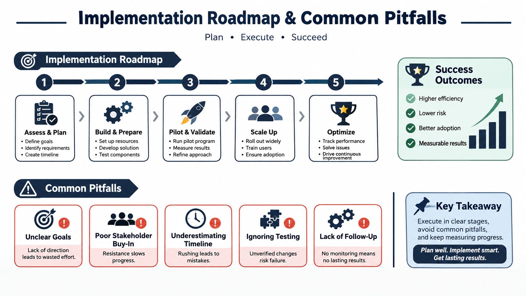 A structured flowchart showing a five-step implementation roadmap and common pitfalls to avoid for business success.
