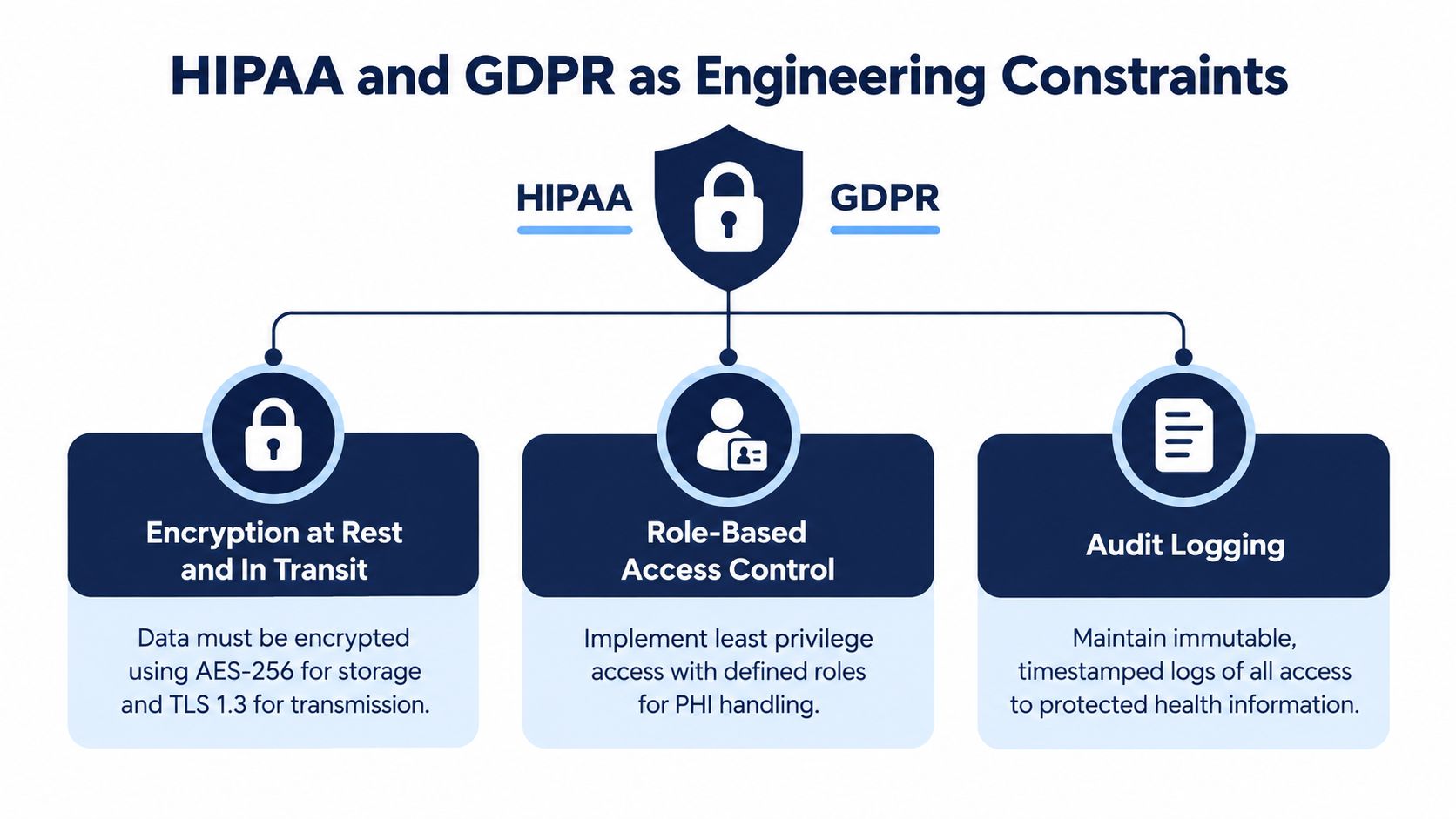 A diagram illustrating HIPAA and GDPR compliance requirements including encryption, access control, and audit logging for healthcare.