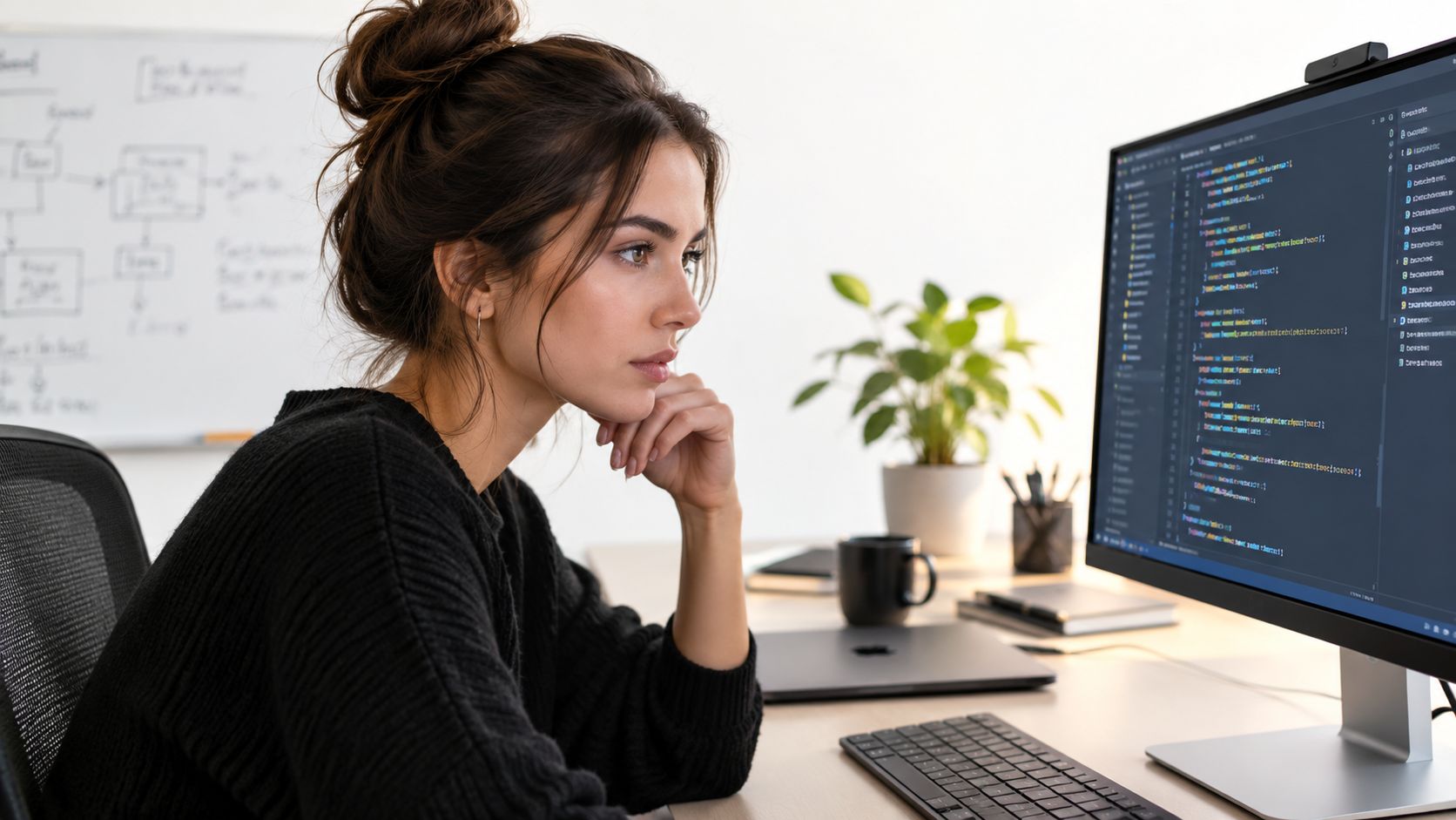 A female software developer looking thoughtfully at her computer screen displaying lines of complex programming code.