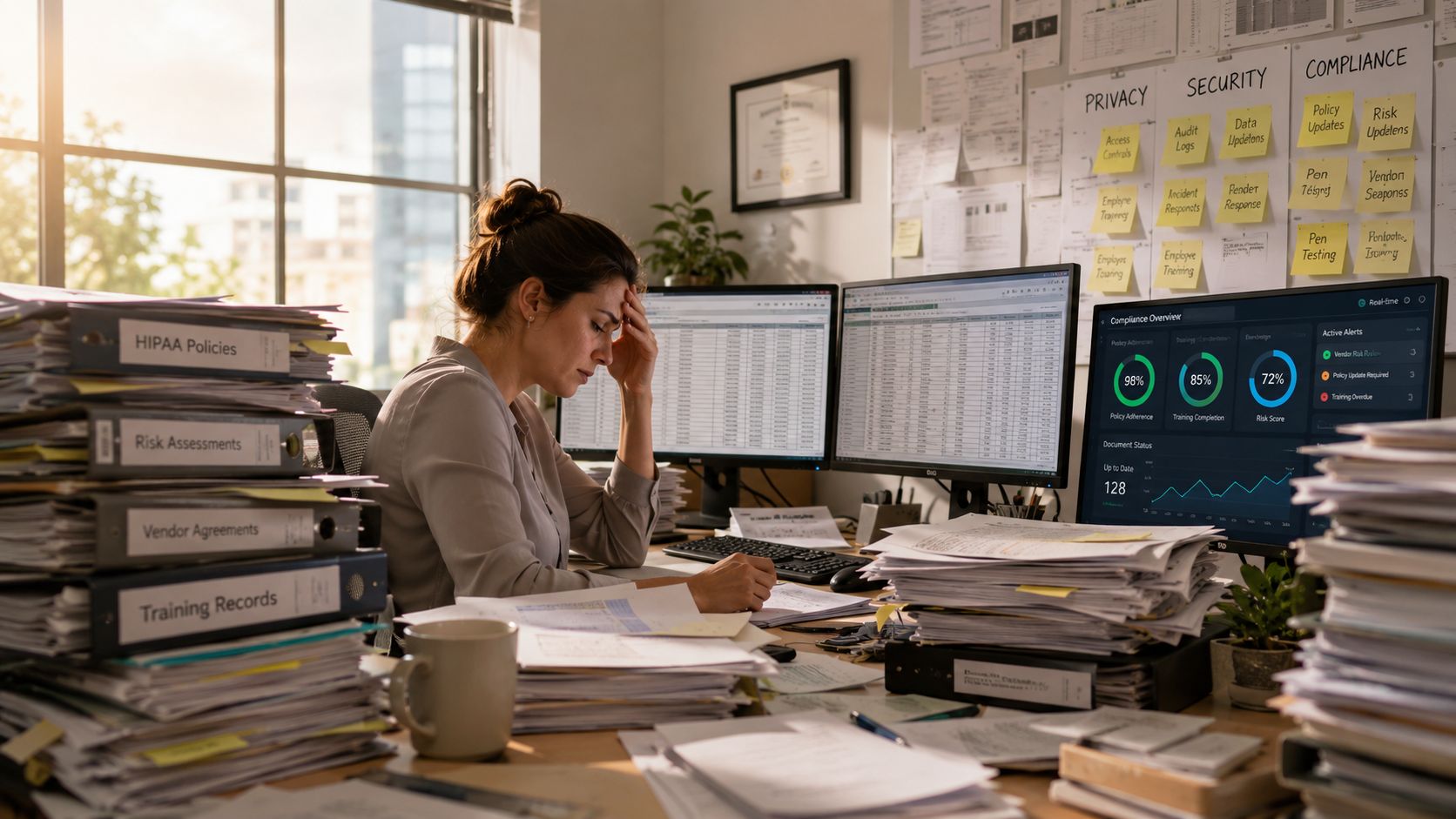 An overwhelmed professional sits at a cluttered office desk surrounded by stacks of paperwork and computer screens.