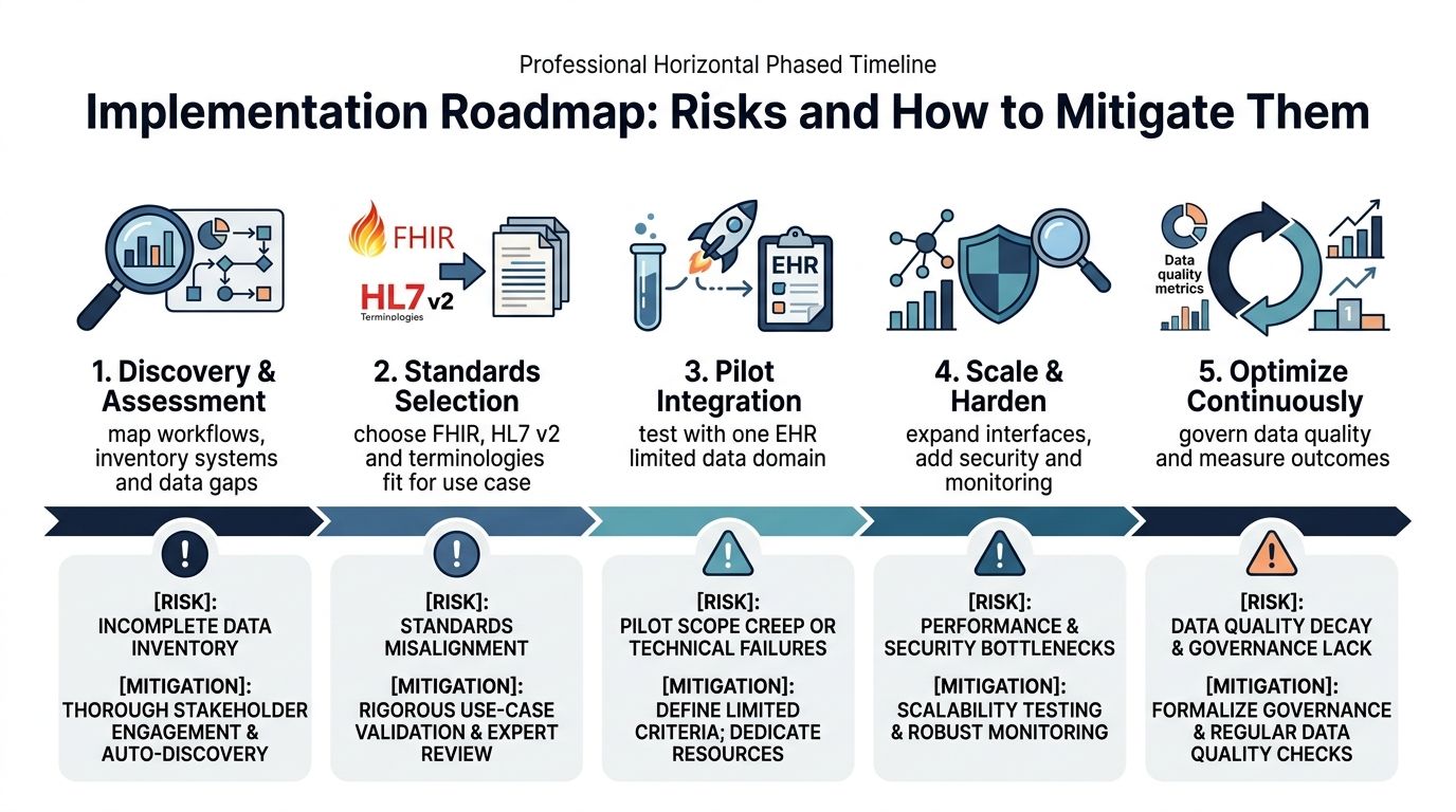 A five-stage implementation roadmap infographic for healthcare interoperability detailing risks and mitigation strategies for each phase.
