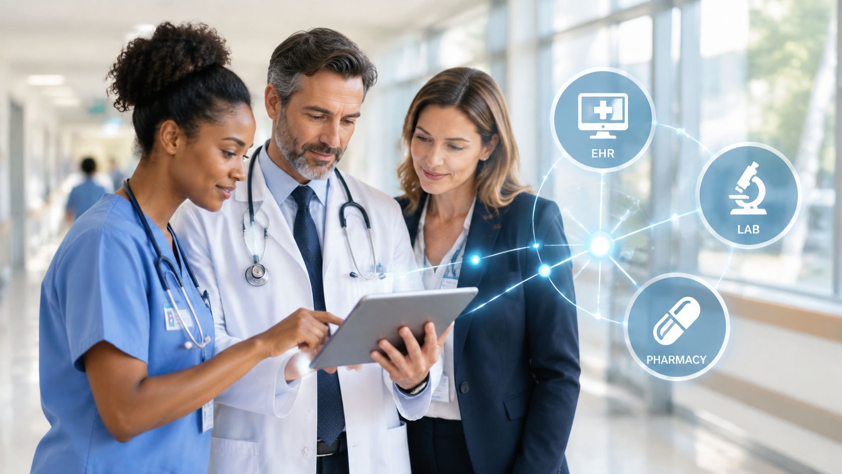 Medical professionals looking at a tablet with digital icons representing EHR, lab results, and pharmacy services.