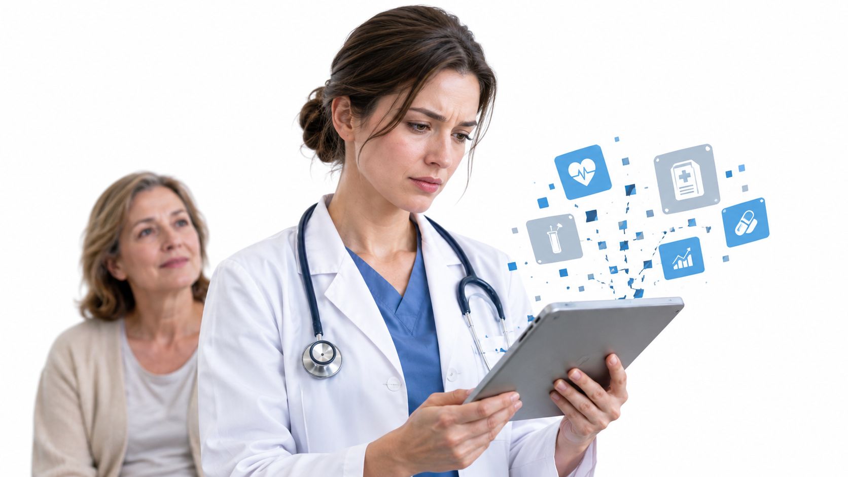 A female doctor reviewing medical digital data on a tablet while an older patient looks on thoughtfully.
