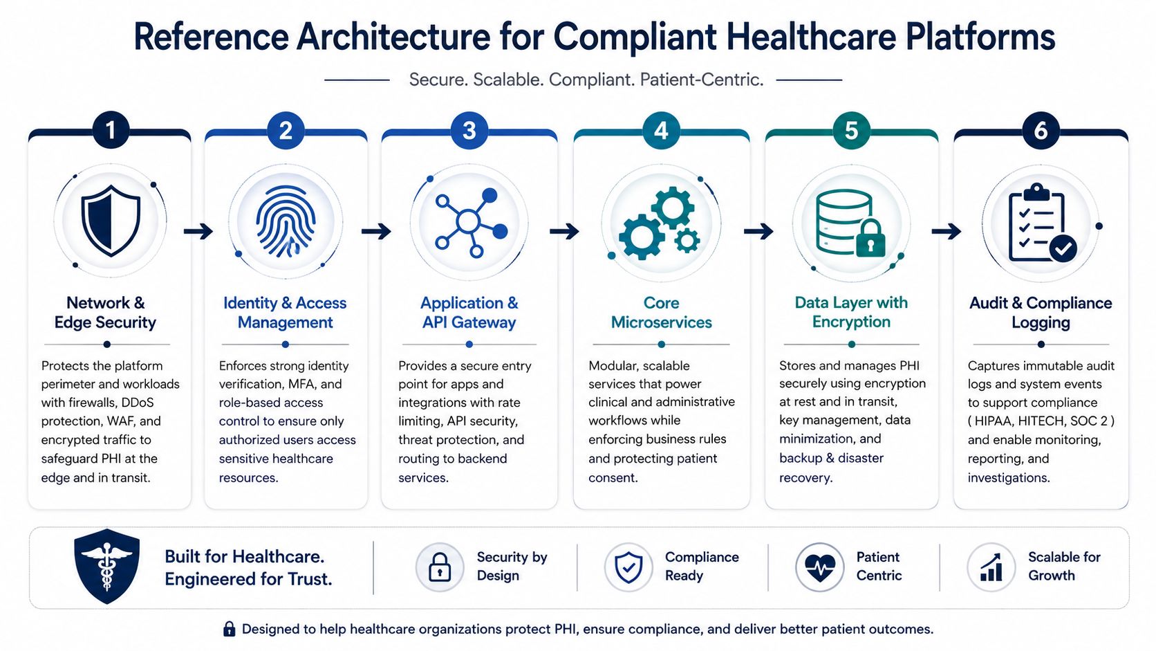 A six-step infographic illustrating a reference architecture for secure, compliant, and patient-centric healthcare software platforms.