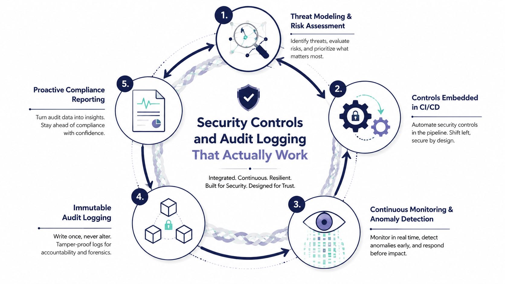 A circular diagram illustrating a five-step cybersecurity lifecycle for integrated security controls and audit logging processes.