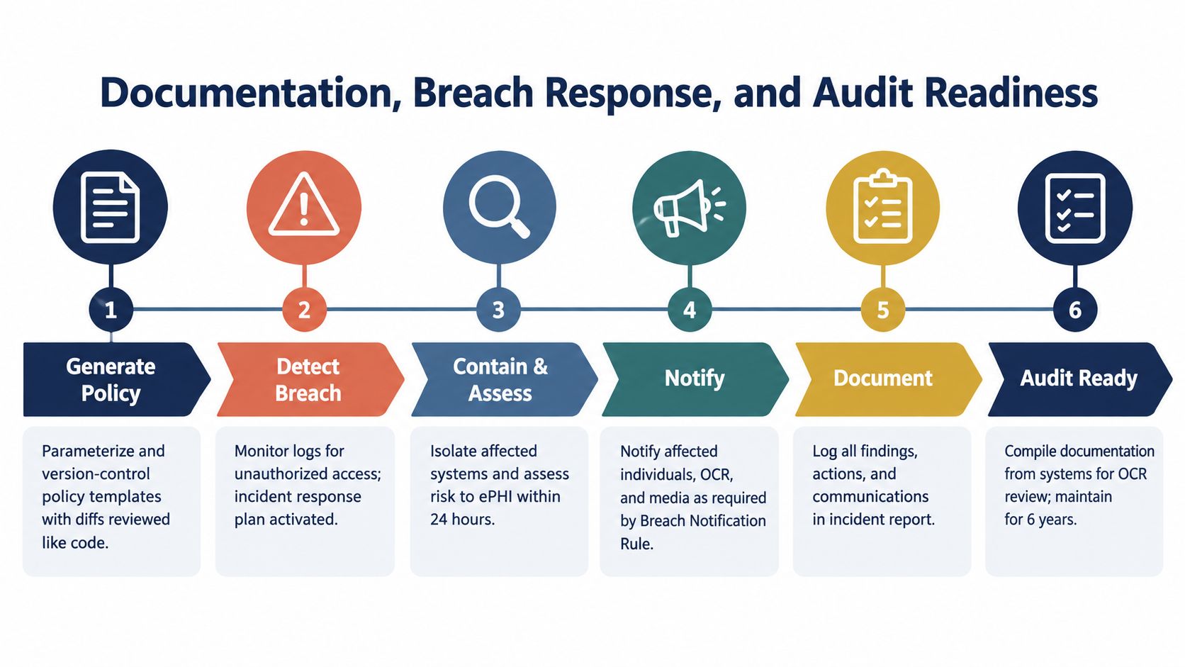 A six-step infographic detailing the workflow for documentation, breach response, and HIPAA audit readiness processes.