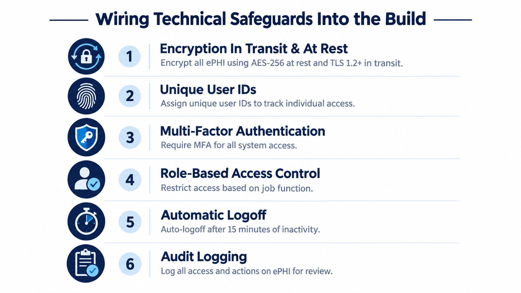 A list of six essential technical safeguards for HIPAA compliant software development, including encryption, MFA, and access control.