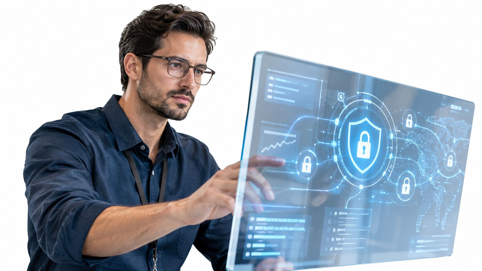 A professional man interacting with a futuristic digital interface showing security icons and a global map.