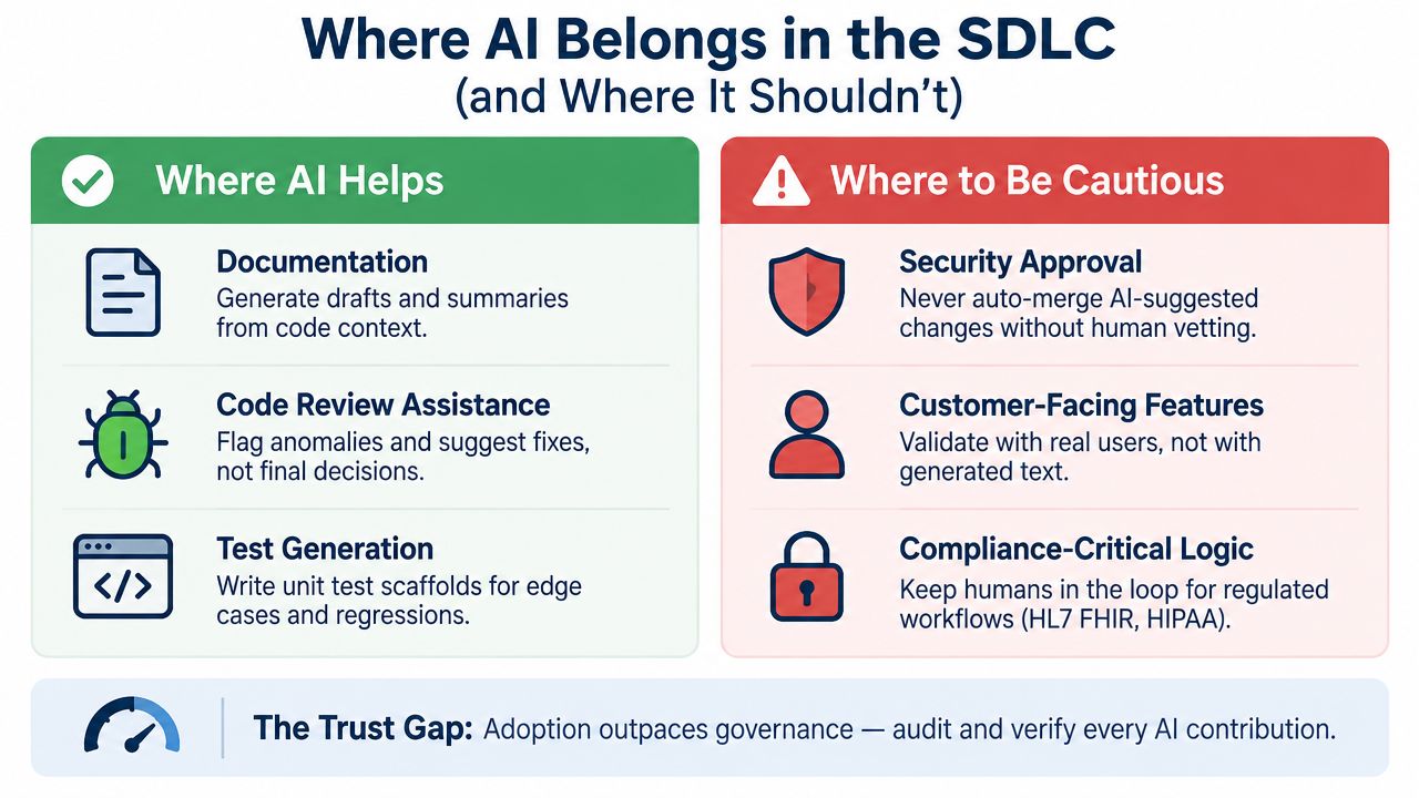 An infographic titled Where AI Belongs in the SDLC detailing helpful AI use cases and cautionary warnings.