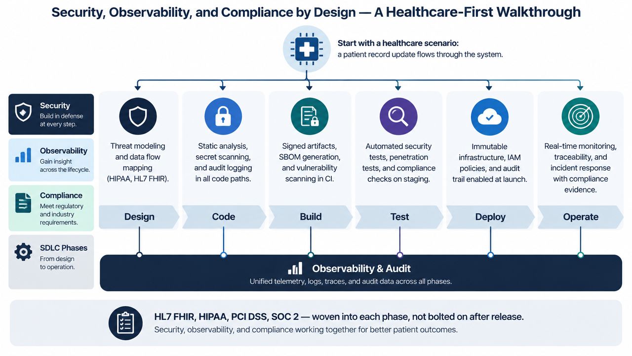 A diagram illustrating a security, observability, and compliance lifecycle for healthcare application development across various phases.