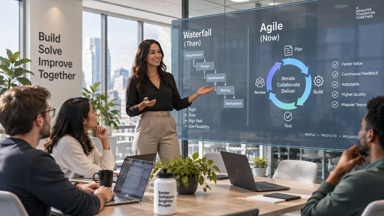 A businesswoman presents a comparison between waterfall and agile methodologies to colleagues in a modern office.