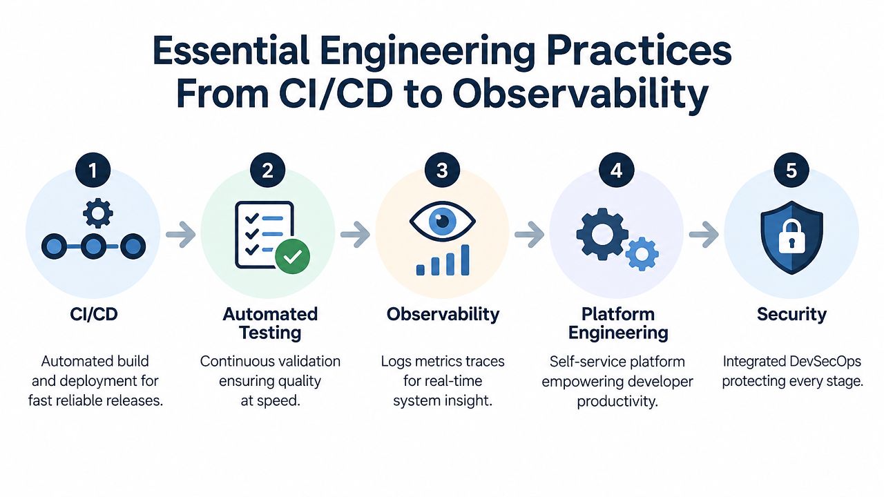 A five-step diagram illustrating essential engineering practices including CI/CD, automated testing, observability, platform engineering, and security.