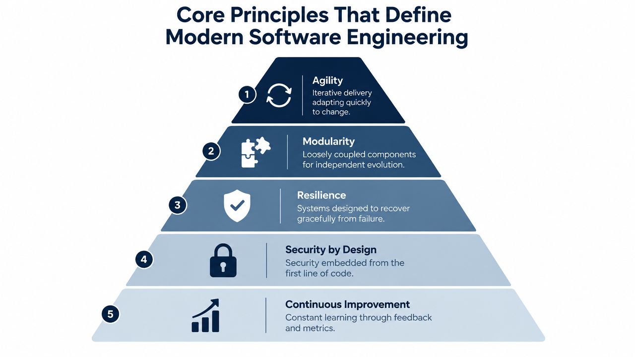 A pyramid diagram showing five core principles that define modern software engineering, including agility, modularity, resilience, security, and improvement.