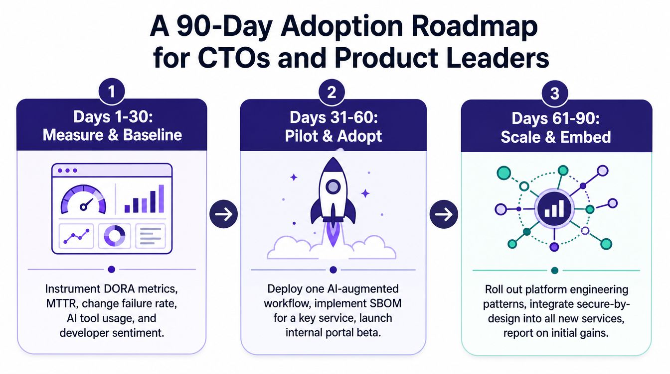 A 90-day roadmap for CTOs and product leaders, highlighting phases to measure, pilot, and scale engineering practices.