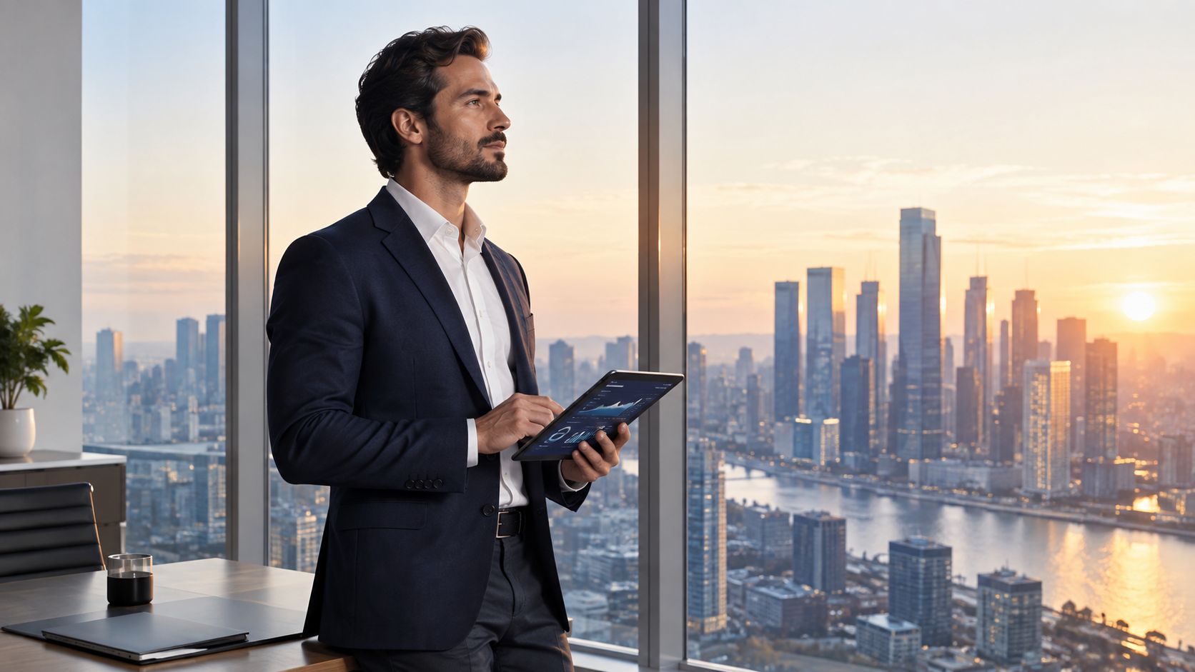 A professional man in a business suit holding a digital tablet with charts, overlooking a city skyline.