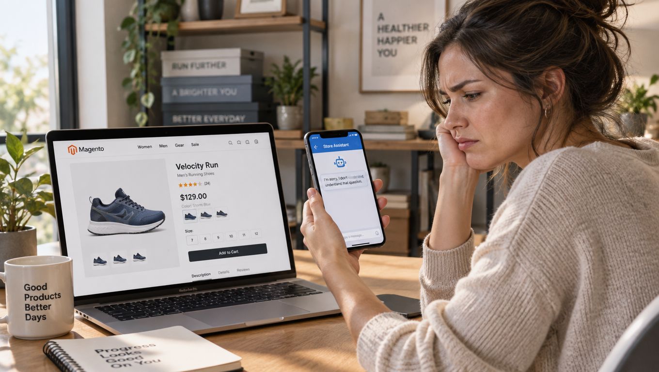 A woman looks frustrated while using her smartphone and a laptop to shop for running shoes online.
