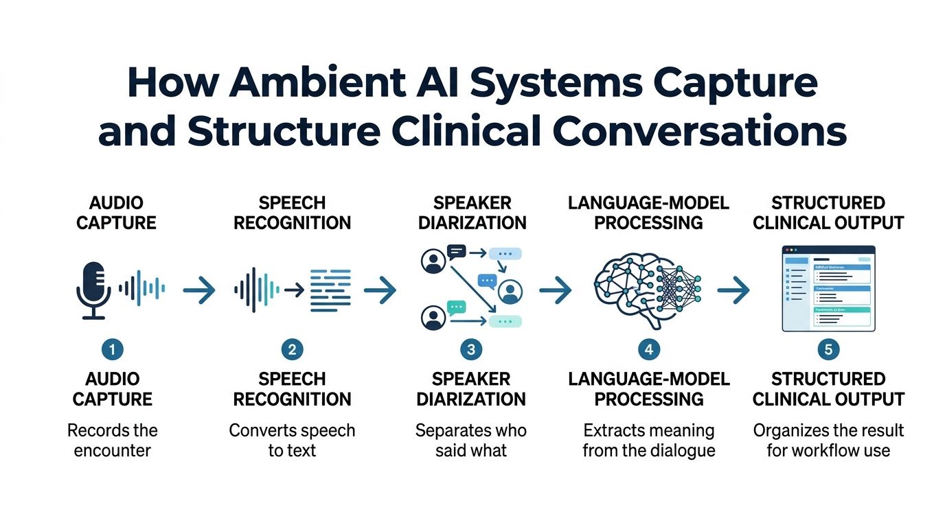 A diagram illustrating the five-step process of how ambient AI systems capture and structure clinical healthcare conversations.