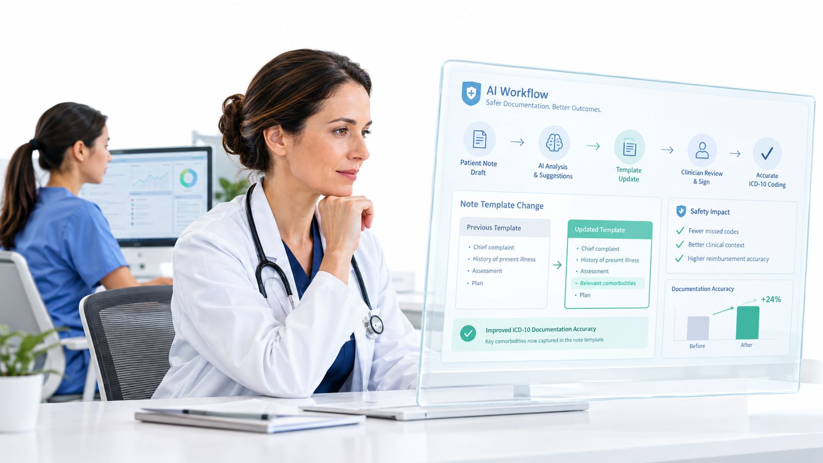 A female doctor reviewing an AI workflow interface on a screen, visualizing patient documentation and clinical improvements.