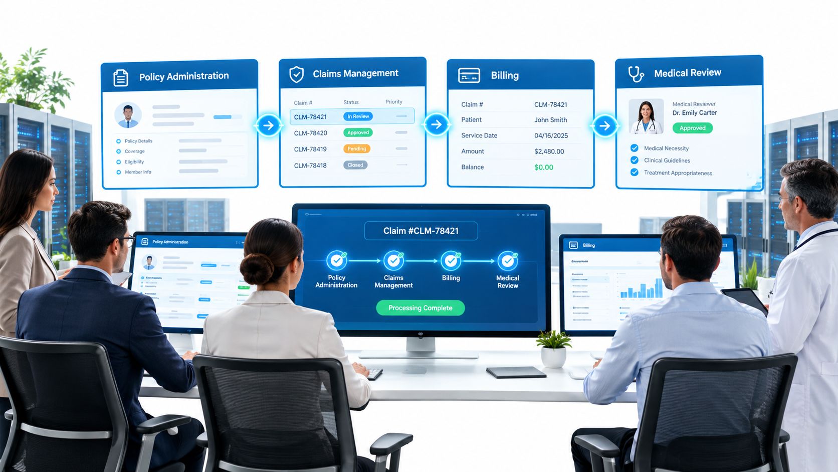 A professional team working together to monitor an automated medical claims processing dashboard on computer screens.