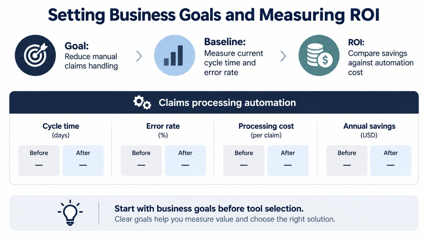 A business infographic illustrating the process of setting goals and measuring ROI for claims processing automation.