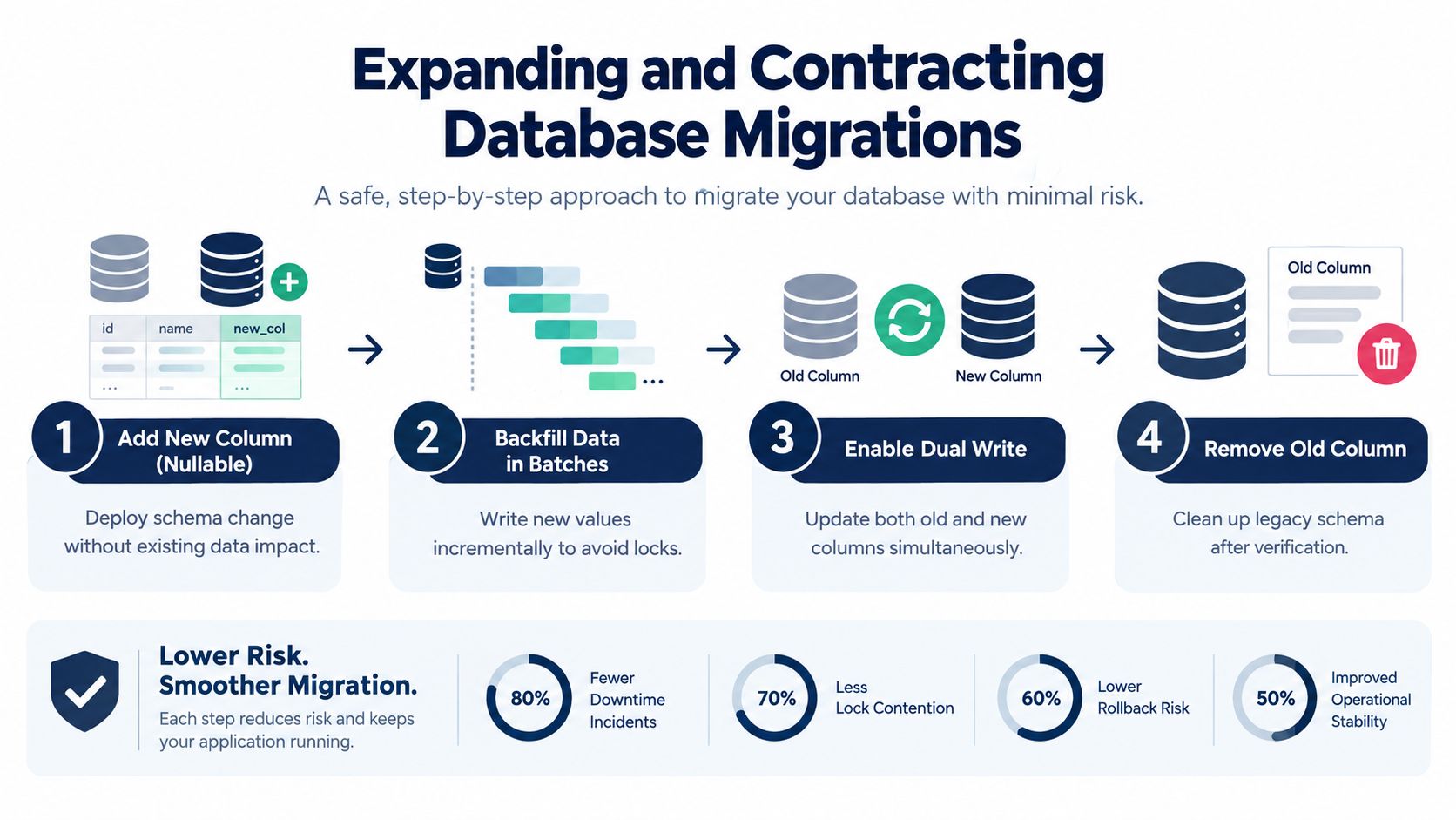 A four-step diagram illustrating the expanding and contracting database migration strategy for minimal downtime and risk.