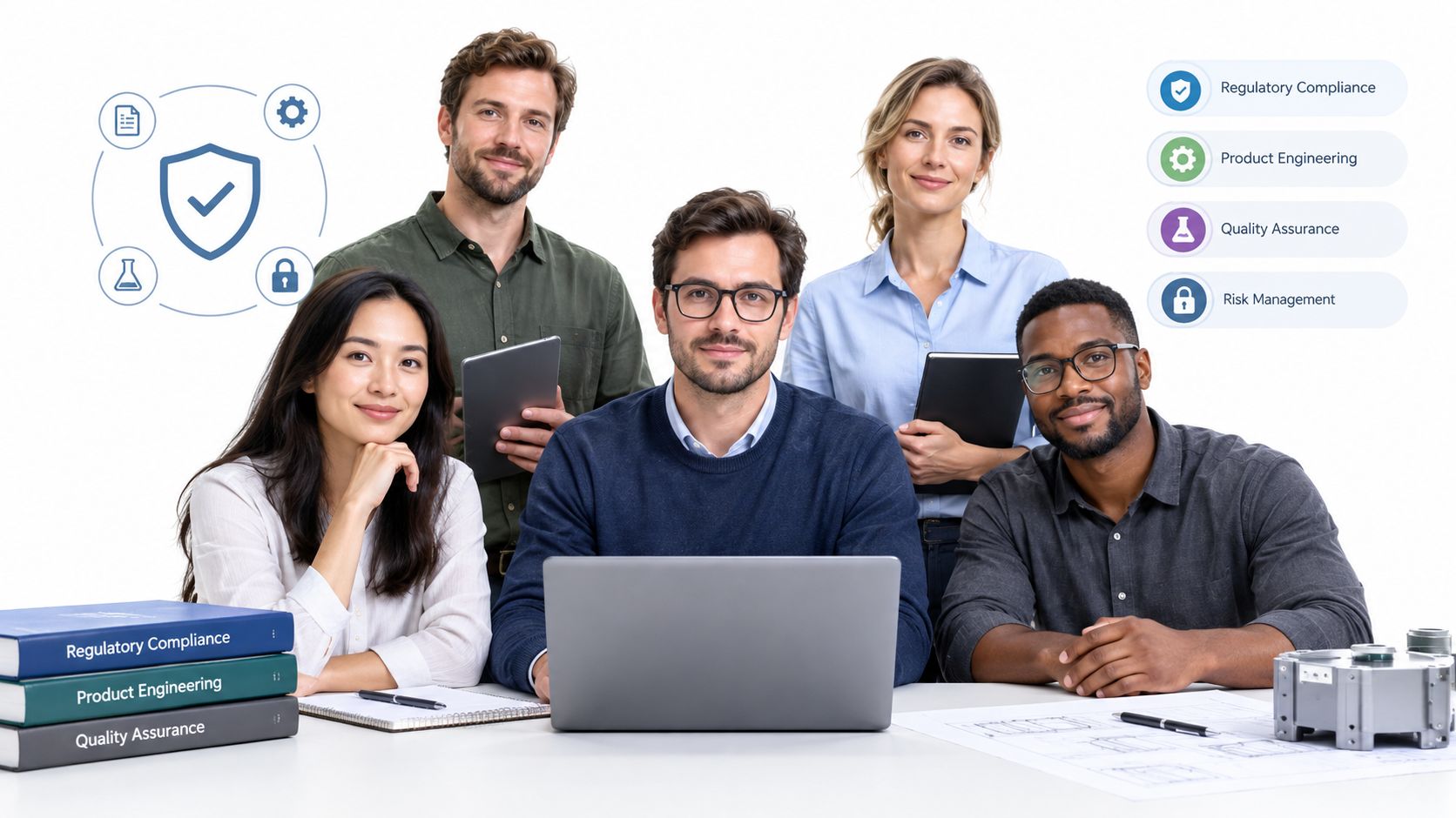 A diverse, professional development team smiling at the camera while working together in a modern office environment.