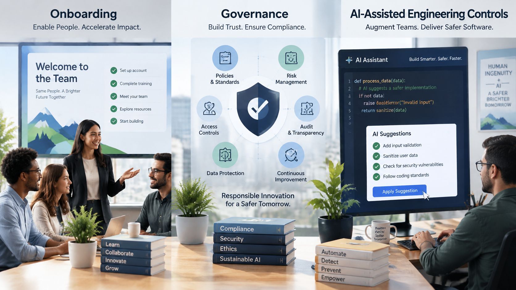 A professional illustration showing onboarding, governance, and AI-assisted engineering controls in a modern software development environment.