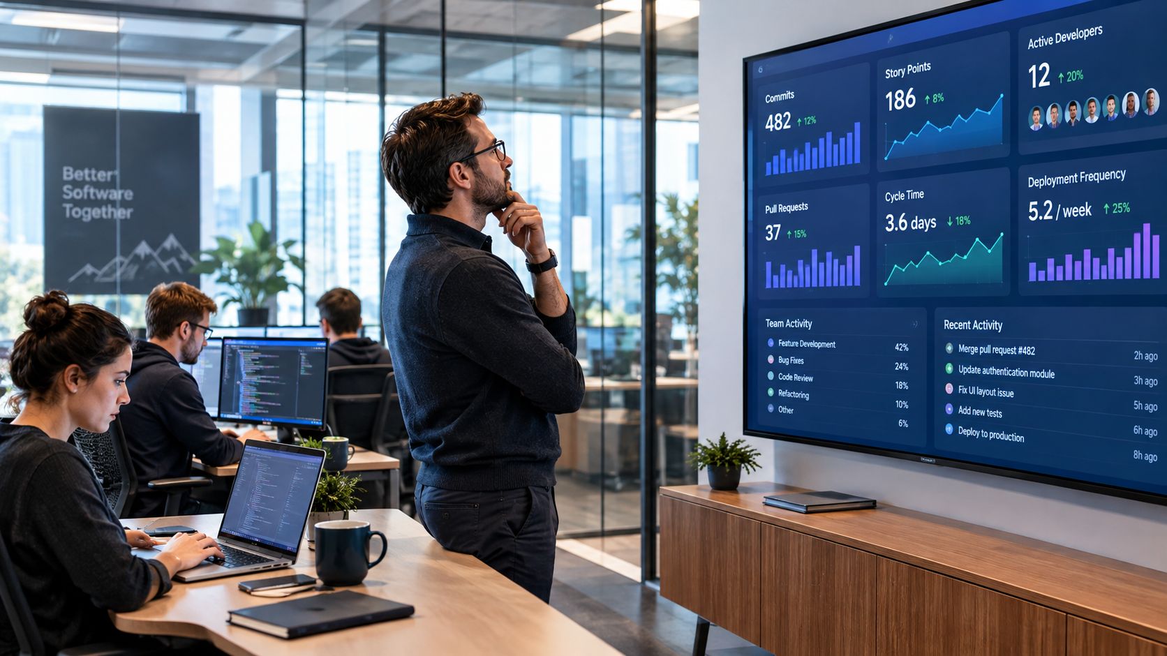 A professional developer analyzing engineering performance metrics displayed on a large wall monitor in a modern office.