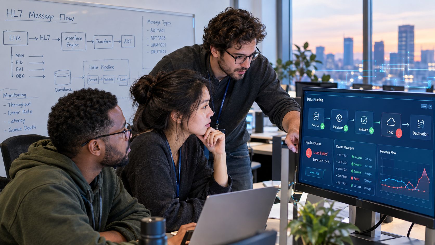 A diverse team of engineers discussing healthcare data pipeline issues while analyzing a digital dashboard together.