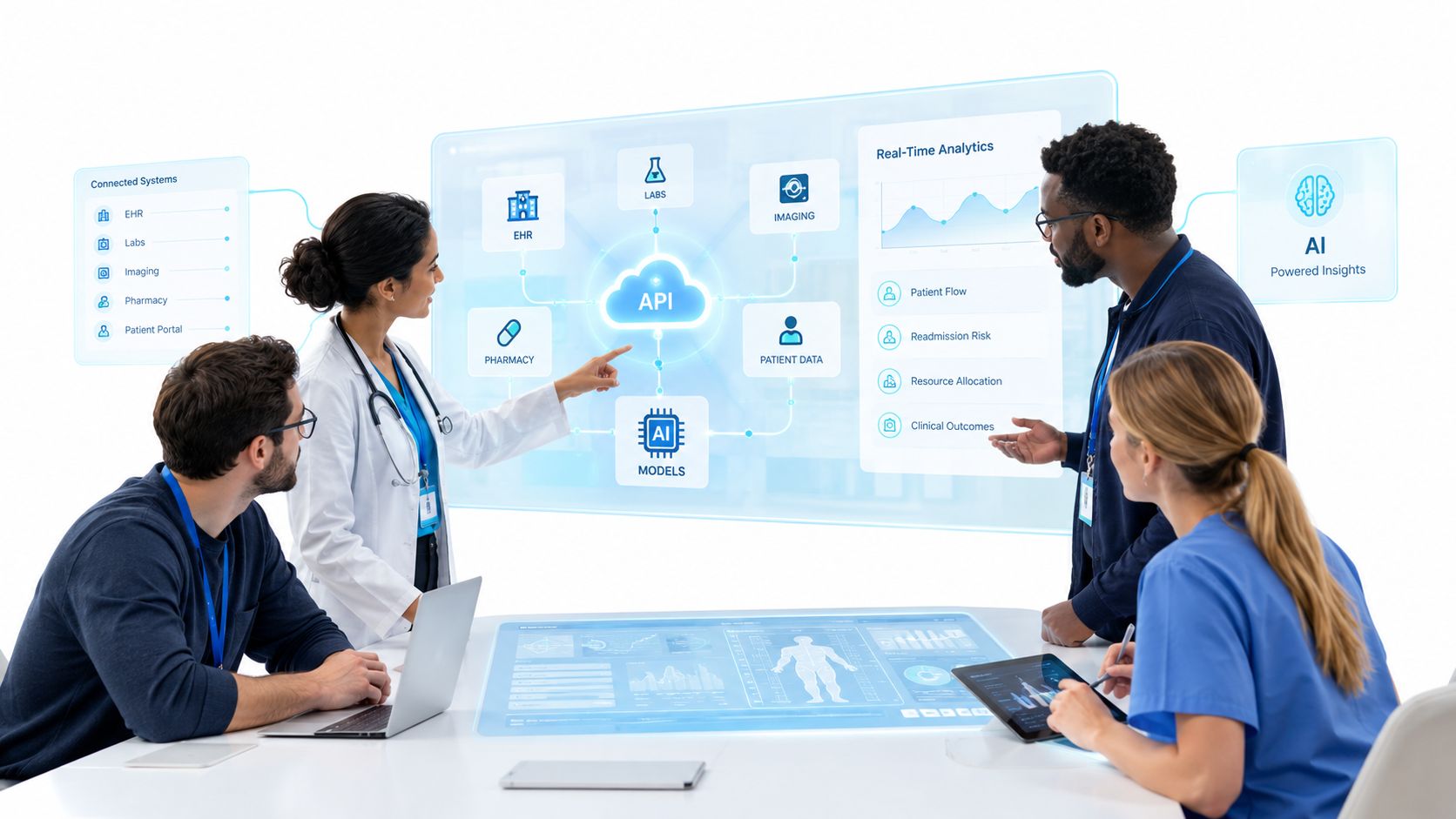 A diverse medical team collaborating around a digital holographic interface for healthcare operational data and analytics.