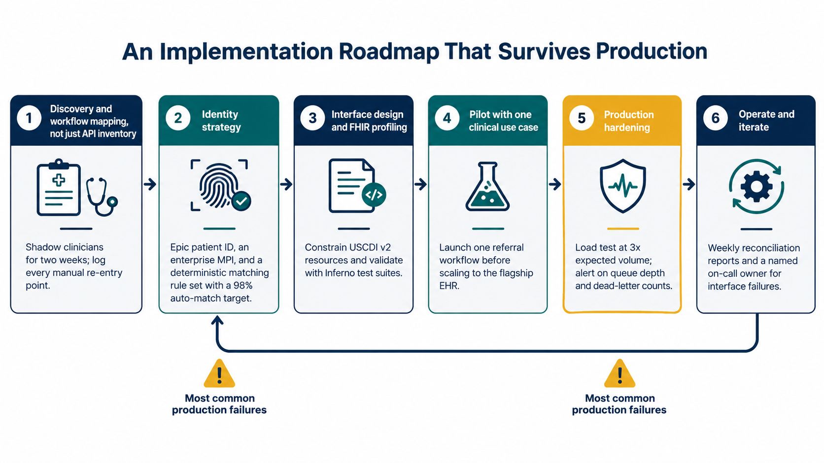 A six-step roadmap graphic for successful healthcare interoperability implementation, ranging from workflow discovery to operational iteration.