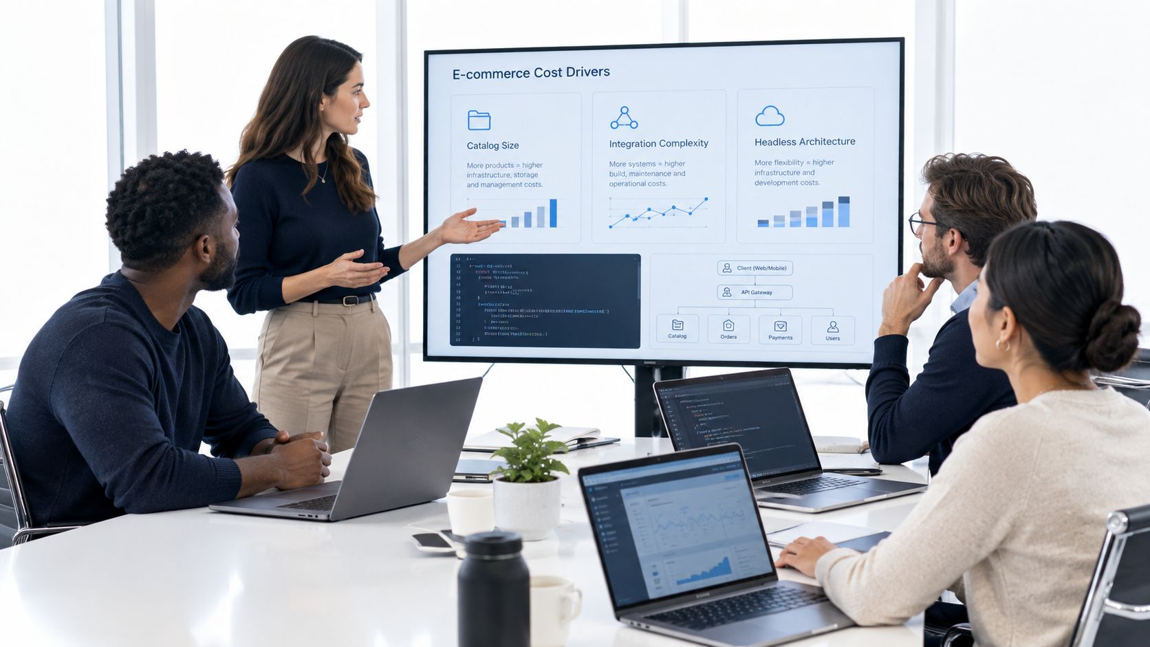 A professional team collaborating on an e-commerce development project with charts and code displayed on a monitor.