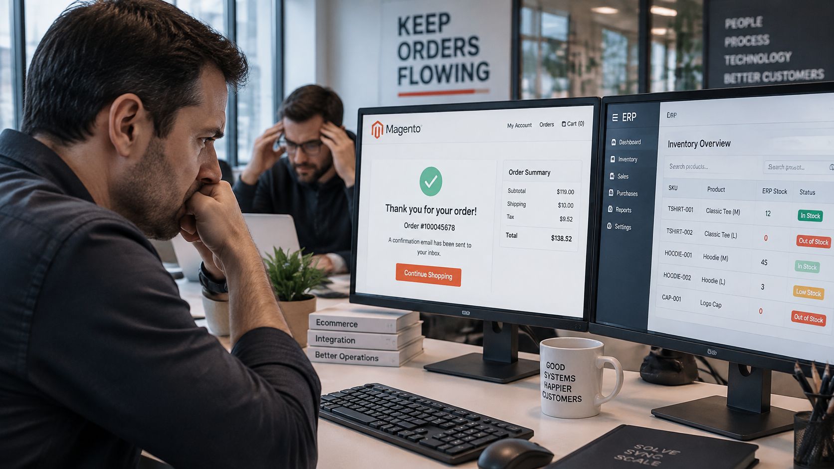 A professional working in an office with Magento order confirmation and inventory management system software displayed on monitors.