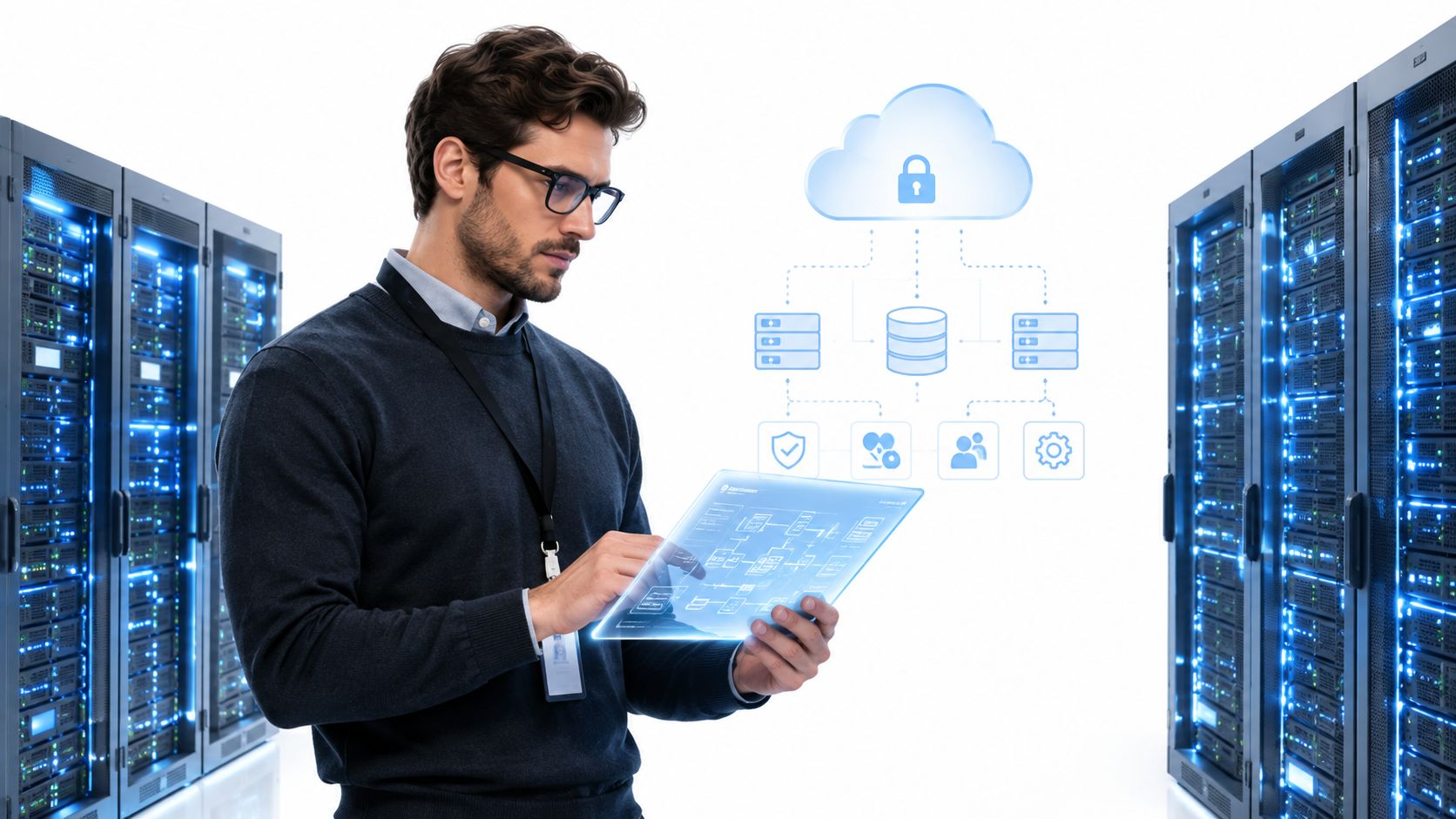 A professional IT engineer interacting with a holographic cloud infrastructure diagram in a modern data center.