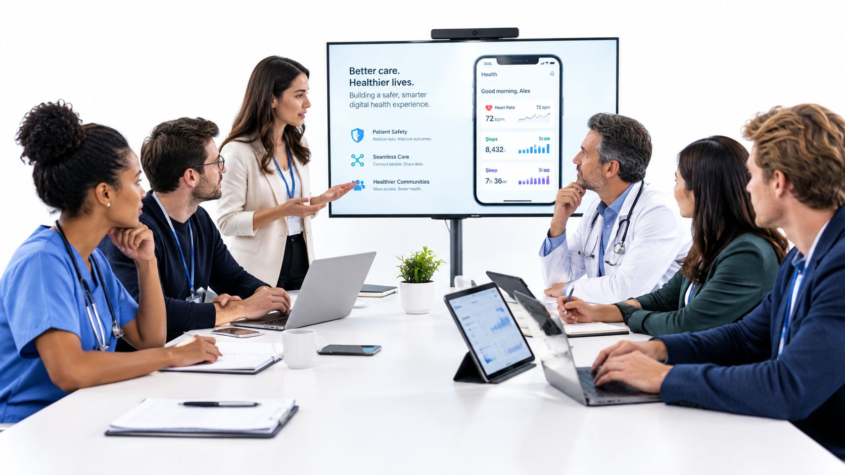 A diverse team of professionals collaborate during a digital health presentation in a modern office meeting room.